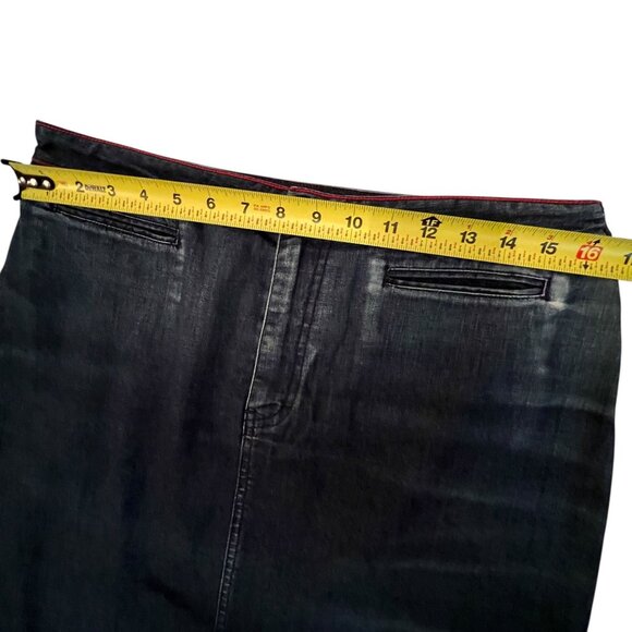 Vtg Tommy Hilfiger Denim Blue Jean Skirt Red Stitch Logo Stretch Pockets Midi - Picture 10 of 11